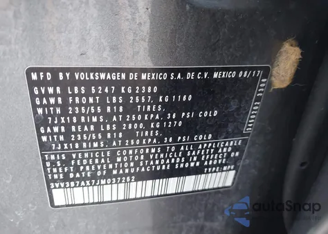 2018 Volkswagen Tiguan 2.0T Se/2.0T Sel из США, поврежденный, VIN 3VV3B7AX7JM037252